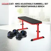 Powertrain 48KG Adjustable Dumbbell Set - Blue with Height-Variable Bench