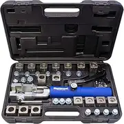 Mastercool 72485-PRC Universal Hydraulic Flaring Tool Set (Includes 3/8" and 1/2" Transmission Cooling Line Die and Adapter Sets) with Tube Cutter, Silver/Blue