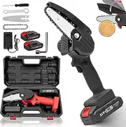 Mini Cordless Chainsaw, 2025 Upgraded Chain Saw Battery Powered, 4 Inch Electric Chain Saw, Suitable for Yard, Home and Garden, Wood Cutting (Black-2 Batteries)