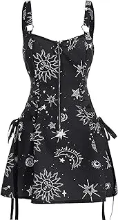 [Generic] Women's Gothic Dress Galaxy Sun Star Sleeveless Zip Front Lace Up A-Line Mini Dress