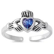 Heart Solitaire Claddagh Blue Simulated .925 Sterling Silver Toe Ring