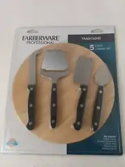 Farberware 5 Piece Cheese SET CLEAVER, KNIFE, PLANE, SPADE, HARDWOOD BOARD
