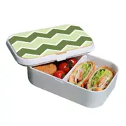 Lunch Box Food Container Snack Picnic Authentic Wood Strap Cutlery Zigzag Green