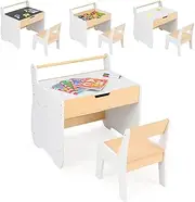 HONEY JOY 3 in 1 Kids Wood Table and Chair Set, Toddler Craft and Play Activity Desk w/Detachable Tabletop, Hidden Storage, Paper Roll Holder, Learning Table Chair for Daycare, Home, Kindergarten