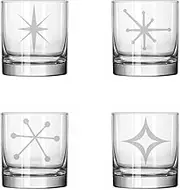 Set of 4 Glass 11 oz Rocks Whiskey Old Fashioned Retro Starbursts Mid Century Modern Art Deco Collection