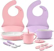 Teenyyou 9 Pcs Porcelain Baby Feeding Set Porcelain Kids Plates and Bowls with Suction Set, Ceramic Toddler Forks Spoons Cup Bib Microwave Dishwasher Safe(Pastels)