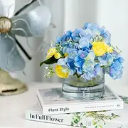 Glamorous Fusion - 23cm Blue Hydrangea and Yellow Ranunculus Artificial Flower Arrangement in Glass Vase - Silk Floral Centerpiece, Fake Flowers for Office, Kitchen and Dining