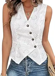 [Flamingals] Women's V Neck Vests Summer Trendy Sleeveless Eyelet Embroidery Button Front Crop Tops