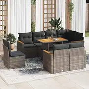 9 Piece Rattan Garden Conversation Set, Grey Wicker Sofa, Patio Furniture Set for Outdoor, Balcony and Porch with Chairs, Table and Cushions