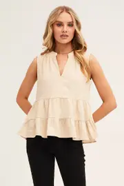 Beige Peplum Top Sleeveless - Size 14, Women's Top