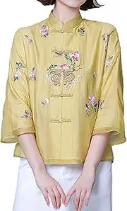 [iZZZHH] Chinese Style Traditional Hanfu Top Womens Summer 3/4 Sleeve Mandarin Collar Button Down Elegant Qipao Tops