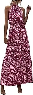 [iQKA] Women's Sundress Halter Neck Long Dress Summer Sleeveless Floral Print Midi Dress Casual Loose Beach Dress