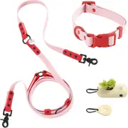 The Licker Store Luna 8FT Adjustable 6-in-1 Waterproof Hands-Free Leash and Collar with LED Flashlight, Bag Dispenser, and Poop Bag Holder in Medium Pink/red
