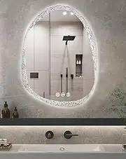 LUVODI LED Bathroom Mirror with with Lights: 70x90CM Irregular Bathroom Vanity Mirror for Wall Stone Pattern Frosted Backlit Anti Fog Mirror with Dimmable 3 Color Light Memory Function IP66