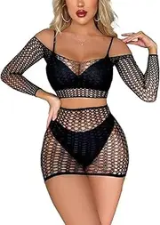 [Generic] Women's Fishnet Dress Long Sleeve Top and Mini Skirt Lingerie Set