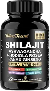 2024 NEW 8-in-1 Organic Pure Himalayan Shilajit Capsules - Gold Grade Shilajit for Men & Women with Ashwagandha, Rhodiola Rosea, Panax, Ginseng - 60 Count (1)