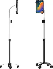 Height-Adjustable Rotating Tablet Floor Stand with Gooseneck Black Black Non-Security Holder