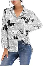 OFFSCH Women Newspaper Print Shirt Single Breasted Blouse Lapel Neck Sleeve Size Spring Fashion