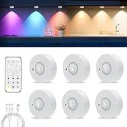 MERTTURM Rechargeable LED Cupboard Light, USB Wireless RGB Puck Light, Battery Operated Shelf Display Cabinet Light, Dimmable Stick on Wall Light with Remote Control/Timer for Wardrobe/Kitchen-6 Pack