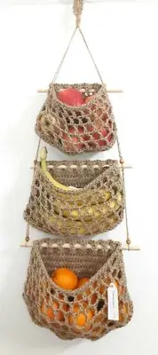 3 Tier Jute Hanging Basket, 100% Handmade, Wall Storage, Fruit Vegetables Onion