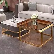 Modern Set of 2 Small Square Glass Side Tables,Elegant Marble Nesting Coffee Table with Stainless Steel Frame for Living Room Bedroom Office and Nightstand Use