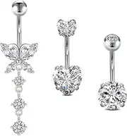 [Briana Williams] 3pcs Belly Button Bar Belly bar Stainless Steel 14G 10mm Heart Flower Butterfly Moon CZ Silver Barbell Piercing Jewelery