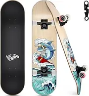 Skateboards for Beginners, 31"x8" Complete Skateboard for Kids Teens & Adults, 7 Layer Canadian Maple Wood Double Kick Deck Concave Standard and Tricks Skateboard with All-in-1 Skate Tool