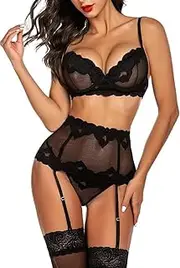 [Generic] Women's Sexy lace Pattern Three-Point mesh Set with Suspender Strap Three Piece Set