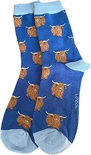 [Purple Possum] Highland Cow Socks Ladies Cattle Cows Hairy Coos Blue Fun Novelty 1 Pair Size 3 to 7, Blue, 3-7