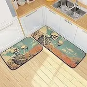 XYMZR Kitchen Mat Funny Skeleton Coffee for Floor, 2 Piece, Non Slip Washable Kitchen Rugs for Kitchen & Home Decor, Sink, Bathroom 19.7” x 27.6” + 19.7” + 47.2”