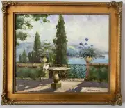 Beautiful Mediterranean Garden- Original Impressionist Oil - Ornate Gold Frame