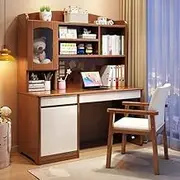 Student Desk with Hutch and Storage Shelves, Computer Study Table with Drawers, Brown/White