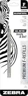 Zebra F-Series Ballpoint All Stainless Steel Pen Refill, Fine Point, 0.8mm, Black Ink, 2-Count