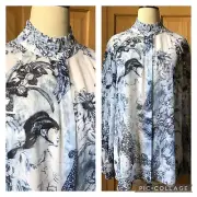 CHICOS 3 Blue White Pleat Collar Sketched Euphoria sheer button blouse SOLD OUT
