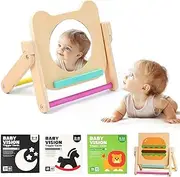 IEATFO Rotating Baby Safe Mirror with 120 Pages Visual Stimulation Cards - Wooden Tummy Time Mirror Toys - Black White Red and Color High Contrast Baby Flashcards for Brain and Cognitive Development