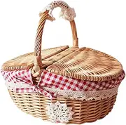 Luxshiny Wicker Picnic Basket Double Lid Wicker Storage Baskets with Handles Portable Outdoor Picnic Basket for Camping Shopping