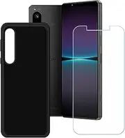 [LCEHTOGYE] Case for Sony Xperia 1 V + Tempered Glass Screen Protector, Slim Black Shock-Absorption Soft TPU Bumper Protective Phone Case Cover for Sony Xperia 1 V (6,5")