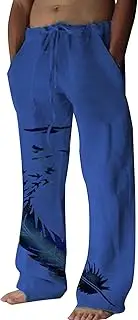 [Generic] Mens Boho Cotton Linen Pants Drawstring Yoga Beach Pants Men Loose Fit Lightweight Elastic Waist Vacation Print Pants, Blue 2, Medium