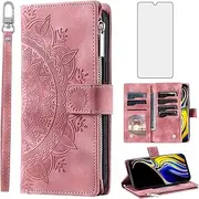 Asuwish Phone Case for Samsung Galaxy Note 9 Wallet Cover With Tempered Glass Screen Protector and Wrist Strap Mandala Flower Leather Flip Zipper Card Holder Slot Cell Note9 Not S9 Women Men Rose Gold
