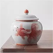 Decorative Hand-painted Koi Tea Canisters Underglaze Color Sealing Jar Household Large Chinese Multifunctional Empty Canisters Container(Red,Small)