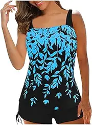 [WERNZATT] Two Piece Swimsuits for Women Tankini Set Tummy Control Bathing Suit with Bikini Bottom Shorts Swimming Costume