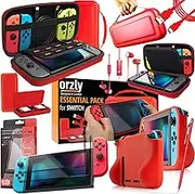 Switch Accessories Bundle – Carry Case for Nintendo Switch Console (NOT OLED MODEL) Tempered Glass Screen Protectors, USB Charging Cable, Switch Games Case, Comfort Grip Case & Headphones- RED