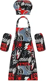 AIXIWAWA Kids Apron Chef Hat Set, Child Kitchen Bib Aprons Adjustable for Cooking Baking Painting (Modern Rock Poster)