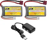 Fytoo 2PCS 7.4V 1100mAh 2S Lipo Battery with T Plug and 1 Trailer 2 Charger Suitable for Haiboxing 18858 18859 18859A 16890A and XLH Q903 Q903 HM163 RC Car RC Ship RC Drone Backup Battery
