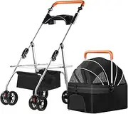 Pet Stroller with 4 Wheels, Foldable Pet Travel Carrier for Medium Small Dogs Cats, Portable Dog Cat Jogger Stroller with Cup Holder, Multifunctional Detachable Pet Travel Stroller (Black)