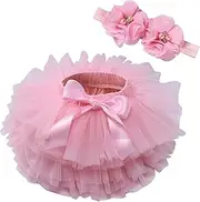 [De feuilles] Toddler Baby Girls Tutu Skirt with Diaper Cover Tulle Layered Bloomers and Headband Set