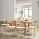 Oikiture 160cm Extendable Dining Table with 6x Dining Chairs PU Leather Natural