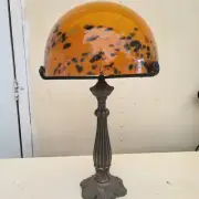 Art Nouveau Table Lamp Bronze Base/Hand- Brown ,Glass Shade Orange Mixted