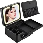 [Faquenc] Makeup Case with Lighted Vanity Mirror, Makeup Organizer Box Travel Make up Case with LED Mirror Portable Cosmetic Train Case for Countertop Lockable Makeup Suitcase with Adjustable Dividers