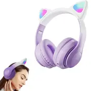 Wireless Headphone LED Cat Ear Bluetooth 5.3 Kids Headsets for PC Smartphone -Purple